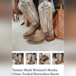 Tanner Mark Ladies  Mocha Chino Tooled Horseshoe  Boots Size 10